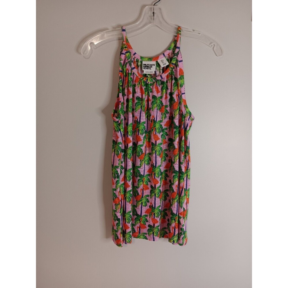 Bouffant + Broken Hearts Linen Tank Top Tropical Palm Tree Flamingo Size Small